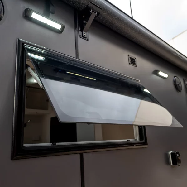 ATRV Square Caravan Window with Integrated Pleated Blind open