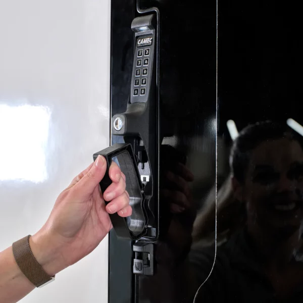 Camec Invictus Caravan Door - Premium Security Door with Integrated Blind lock open
