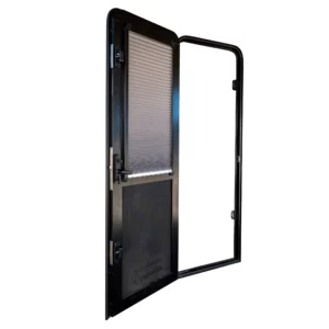 DC Caravan Door with Integrated Pleated Blind open