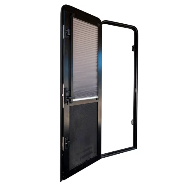 DC Caravan Door with Integrated Pleated Blind open